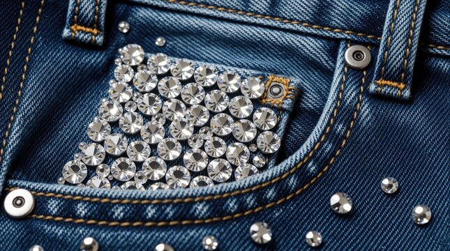 Blue denim jeans fabric with sparkling rhinestones on small pocket. Shiny silver gems decorate stylish fashion clothing. Glamorous luxury texture with glitzy diamond crystals on jeans pants. Trendy