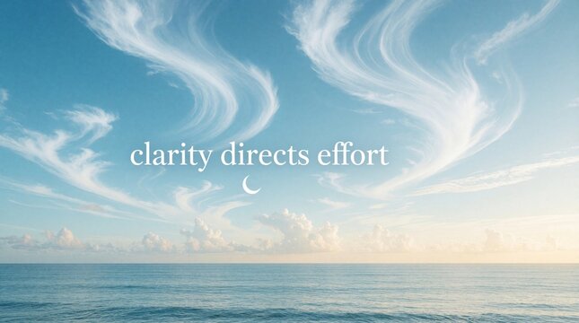 Serene ocean view under blue sky with white wispy clouds. Inspirational quote text clarity directs effort floats above calm sea horizon. Peaceful seascape background for mindfulness, mental health,