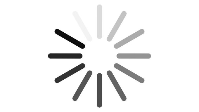 Circular loading spinner animation with grayscale radial bars on white background, buffering and processing indicator for website interface, application screen and digital progress concept