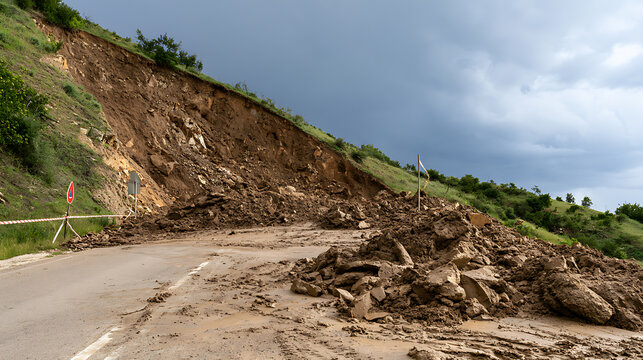 Severe landslide blocks a mountain road with mud, rock debris, and soil after heavy rainstorm, creating natural disaster emergency area