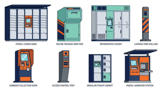 Automated Parcel Locker and Smart Delivery Kiosk Set Featuring Contactless Pickup Stations, Secure Drop Boxes, and Access Terminals in Vector Illustration