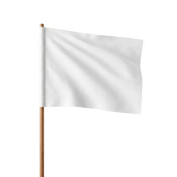 Waving blank white flag on a polished wooden pole as isolated on with transparent background