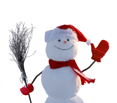 Cute snowman with red scarf and Santa hat isolated on transparent background
