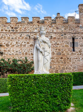 Isabel I de Castilla monument at Palacio de los Duques de Maqueda (Palacio de la Cava) palace in Toledo, Spain