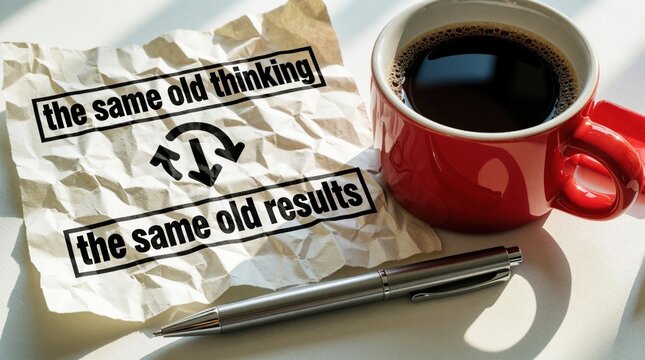Crumpled paper with text old thinking leads to old results on white desk. Red coffee mug, silver pen lie next to note. Concept of business stagnation, routine, bad habits, lack of innovation in