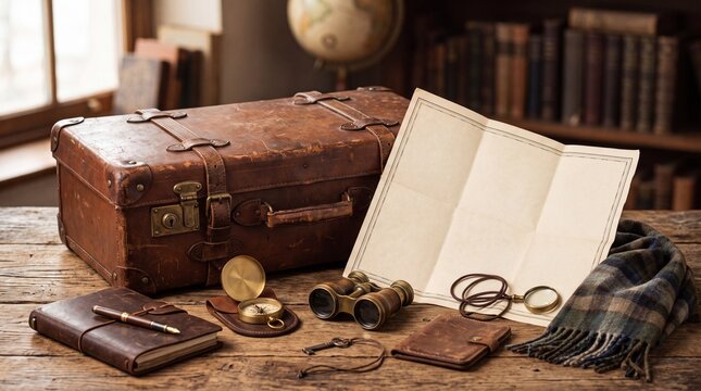 An old leather suitcase lies with a map and compass and binoculars and a tartan scarf. Classic adventure and travel planning for wanderlust themes.