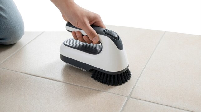Hand uses electric scrub brush to clean tile floor. Person performs household chore with power scrubber device on grout lines. Modern cleaning tool removes dirt from light beige ceramic tiles in