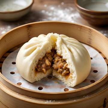 Steamed bao separated to reveal a fluffy enclosed filling for Dumpling recipes and regional cooking instruction
