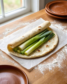 Thin savory flatbread supporting softened leek filling for Regional bread recipes and home baking instruction
