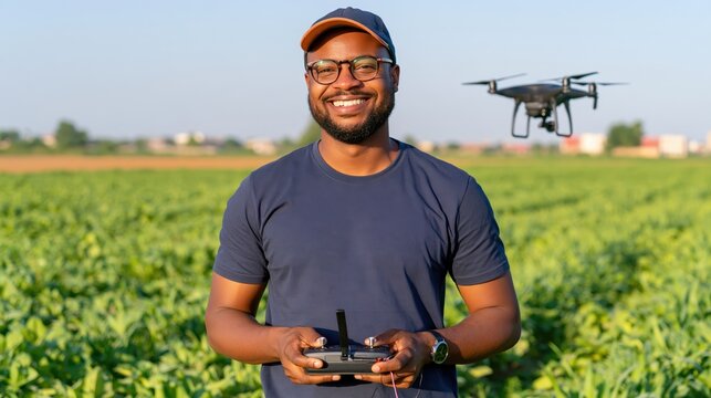 Smiling man operating a drone controller above a lush agricultural field at sunset