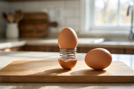 Egg resting above a spring loaded shell pricker for Kitchen accessory retail and cooking equipment demonstrations