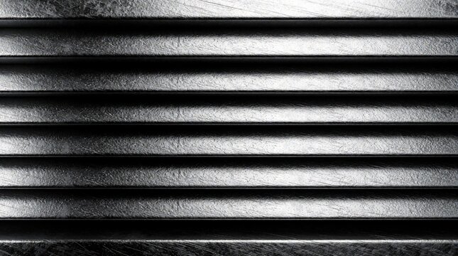 Abstract background with silver metallic texture. Horizontal parallel lines create industrial geometric pattern. Reflective steel surface shows shiny aluminium stripes with rough matte finish.