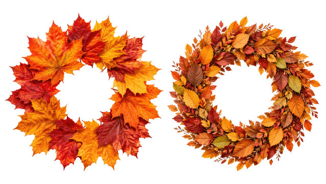 Two autumn leaf wreaths in red, orange and yellow tones arranged as decorative fall and Thanksgiving door or table decor on a transparent background