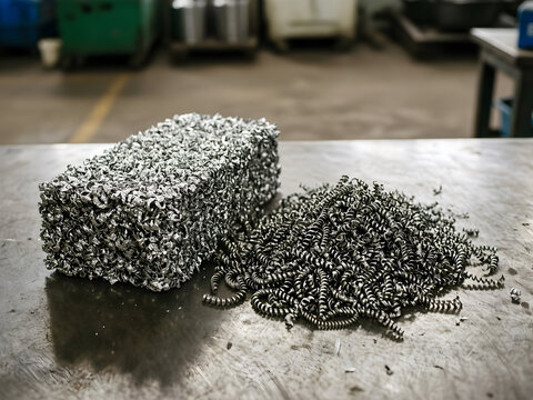 Compressed aluminum swarf beside loose machining curls for Industrial recovery of separated material streams