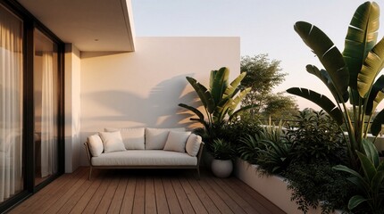 Fototapeta premium Modern apartment balcony with wooden deck, stylish outdoor sofa. Tropical plants in white pots decorate cozy terrace. Warm sunset light creates peaceful atmosphere on urban patio with empty space for