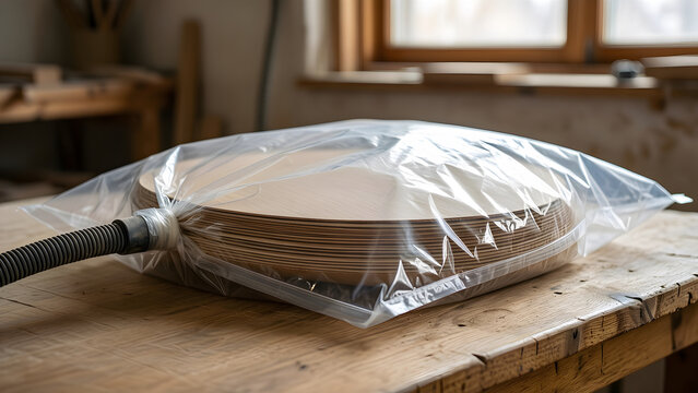 A veneer layup compressed inside a clear vacuum bag for Furniture lamination and small workshop manufacturing