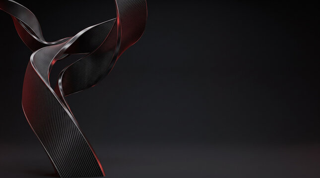 Abstract dark background with 3D wavy black carbon fiber ribbon and red glowing edge with copy space