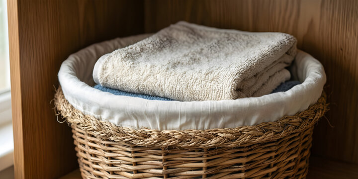 Washable basket liner folded over a rough woven rim for Home storage retail and small space organization
