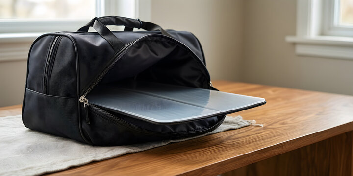 Removable stiffener lifted from a soft duffel base for Travel accessories and practical luggage preparation