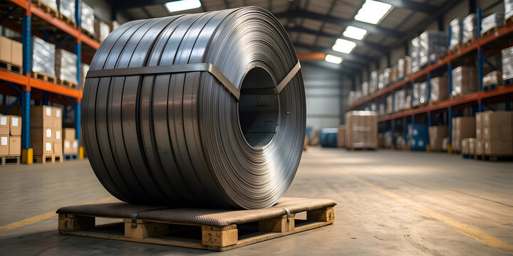 Steel coil seated in a padded shipping cradle for Warehouse handling equipment and physical goods movement