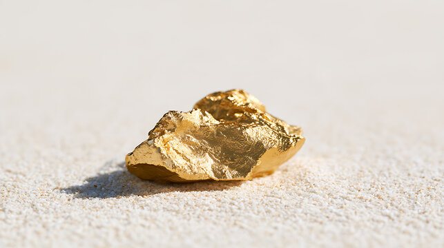 A single pure gold nugget resting on a bright white sandy surface, capturing the luxurious essence of precious metal extraction and wealth