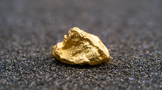 A single pure gold nugget rest upon dark sand background, showcasing metallic luster, mineral wealth, mining discovery, and financial luxury