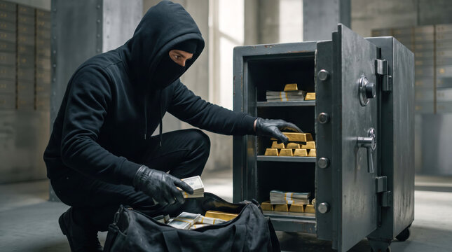 Criminal wearing a disguise crouches by an open metal safe to remove stacks of cash and gold bars, placing them into a bag while committing a robbery in a secure vault room