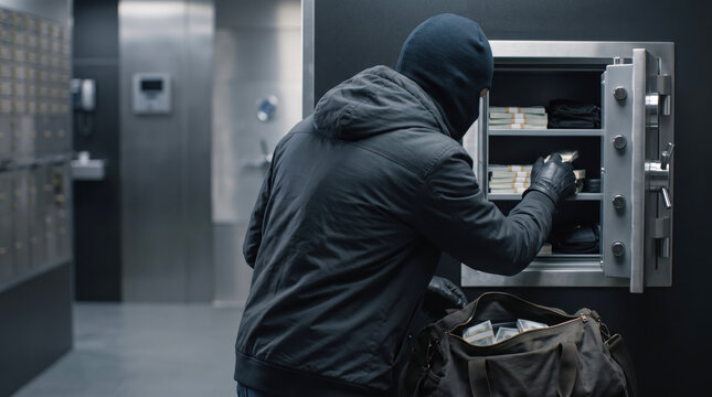 Person wearing a black balaclava reaches into an open safe to collect paper currency and put the stolen money into a dark duffel bag while inside a secure bank vault room at night