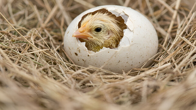 Chick hatching from egg in straw nest