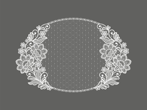 Oval llace decoration element.White lace flowers frame.Vector handmade white lace branches with flowers.