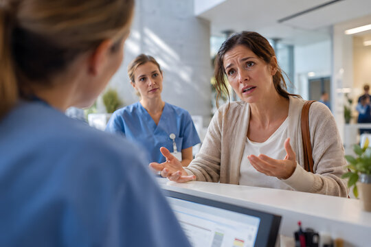 Nurse listening empathetically to a distressed hospital visitor at reception, illustrating patient communication, conflict de-escalation and healthcare staff training.