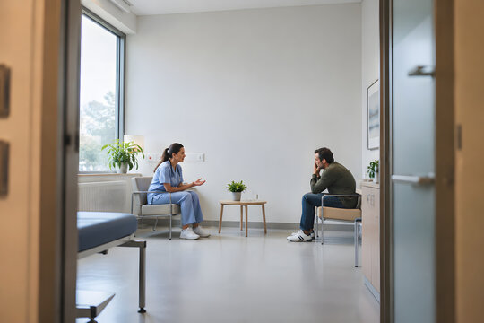 Nurse and distressed hospital visitor maintain safe interpersonal distance during a calm de-escalation conversation in a modern consultation room with ample copy space.