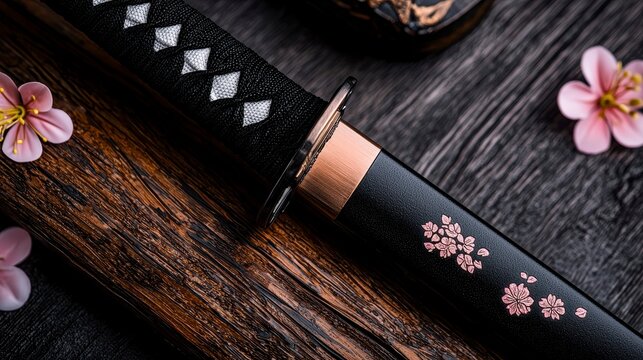 Katana sword with black tsuka ito and cherry blossom decorated saya