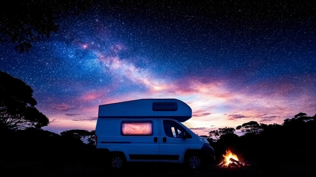 Camper van parked under a starry night sky with campfire