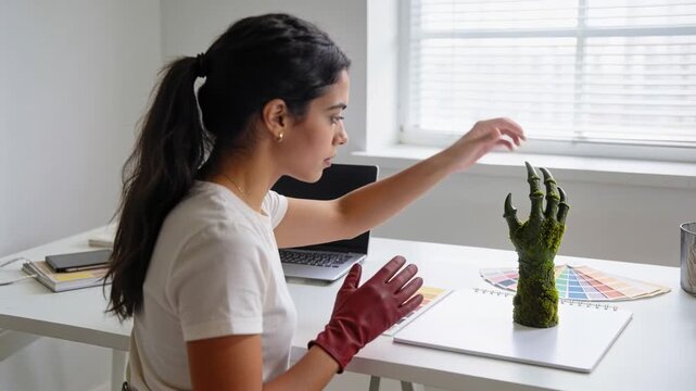 Lifting woman with red gloves aligning mossy hand on pad in studio, prompted by color swatches