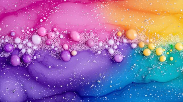Abstract paint mixture with bubbles and colorful spheres