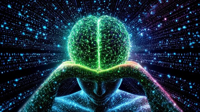 Digital brain network in the human head with glowing light streams