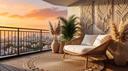 Fototapeta premium Chic boho balcony nook with macrame wall hanging, woven lounge chair. Pampas grass in clay vases decorates cozy terrace. Urban apartment outdoor space features rug, green plants at sunset. Relaxing