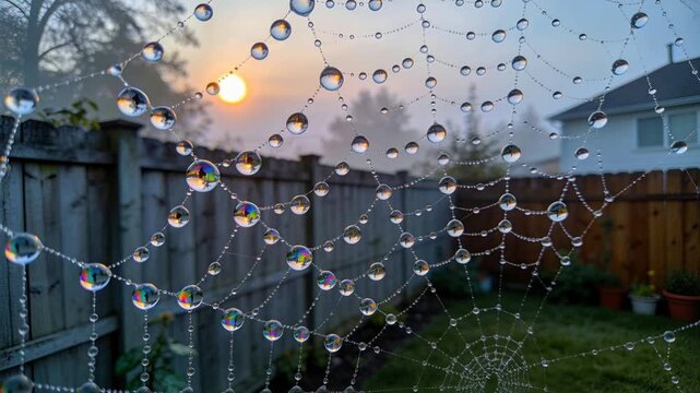 Revealing dewy spider web as sun rising lighting strands in yard near fence, camera shifting focus