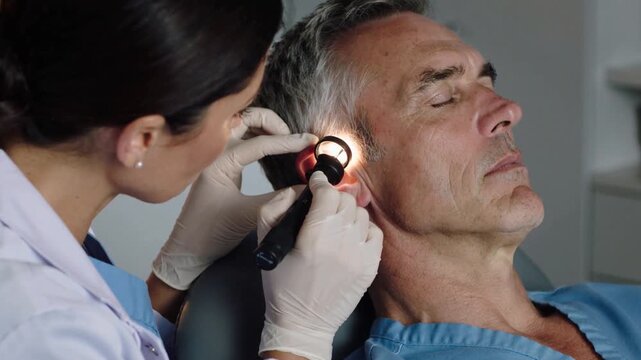 Pulling patient right ear, Dr in lab coat inserting otoscope viewing eardrum in clinic
