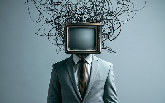 Man in formal suit with vintage television head stands against a light blue grey backdrop with black squiggles around him in a creative artistic scene