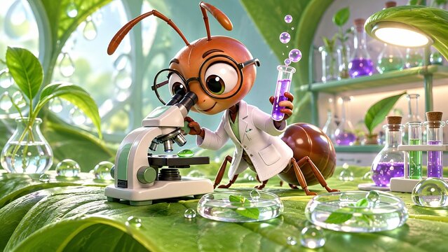 Cartoon ant scientist looking through a microscope made of a glass bead in a leaf laboratory