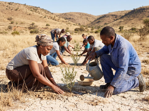 Community of residents planting drought-tolerant seedlings in a dry valley, local climate adaptation in action