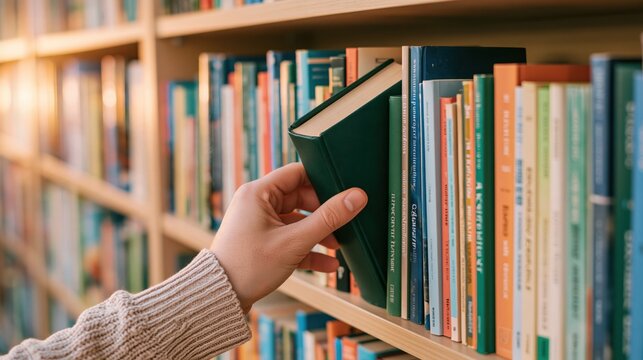 Close-up of a hand pulling a dark green hardcover book from a crowded library bookshelf