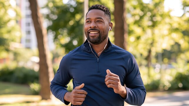 Smiling Black man jogging through a sunlit park while listening to music on wireless earbuds