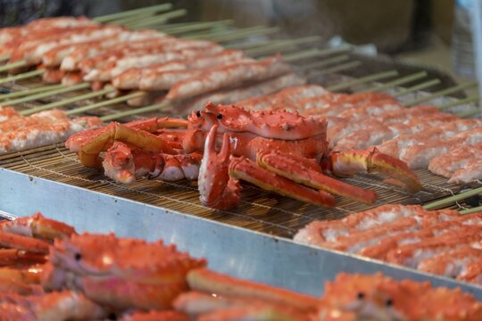 Grilled crabs at a food stand, Hanami Fest, Ueno Park, Tokyo, Japan