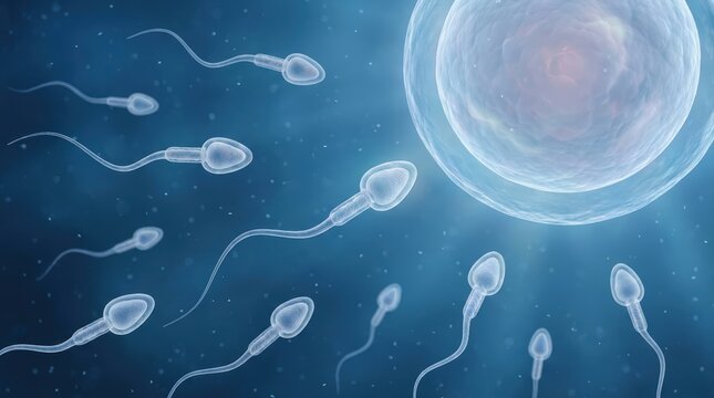 3D illustration of sperm cells swimming toward a human egg during fertilization.