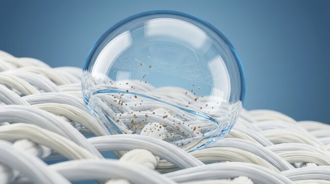 Close-Up of Transparent Glass Sphere on White Braided Rope with Blue Background.