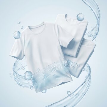 White cotton t-shirts floating in splashing water with bubbles and fresh laundry concept.