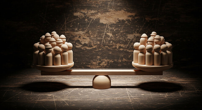Wooden people figurines on a seesaw balance in a dark moody setting perfect for work life balance and equal team workload concepts